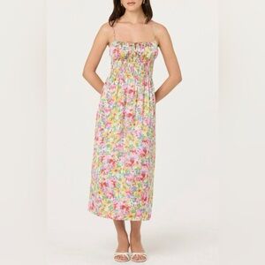 NEW ASTR the Label Blue Floral Satin Smocked Tie Front Spaghetti Strap Dress S